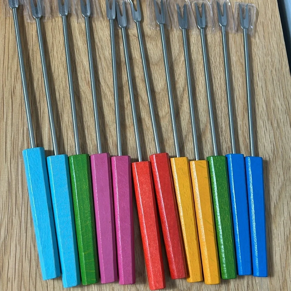 Crate & Barrel Colorful Wooden Handle S / 6 Fondue Forks set of 6 -12